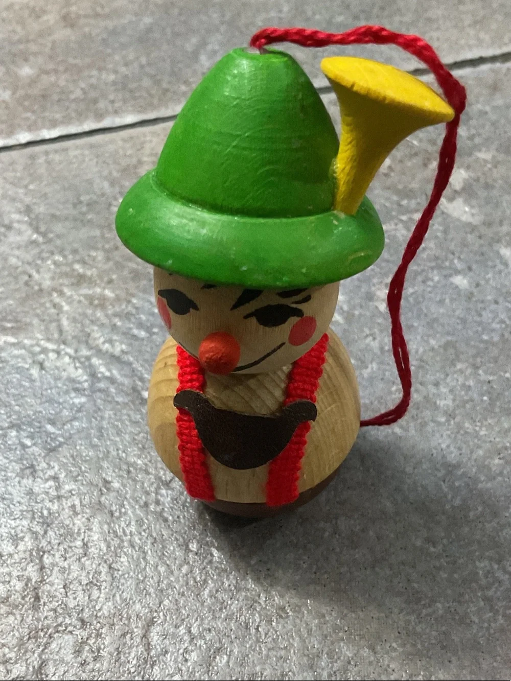 Wooden Clown Bell Toy - Green Hat, Yellow Horn made in Germany or West Germany
